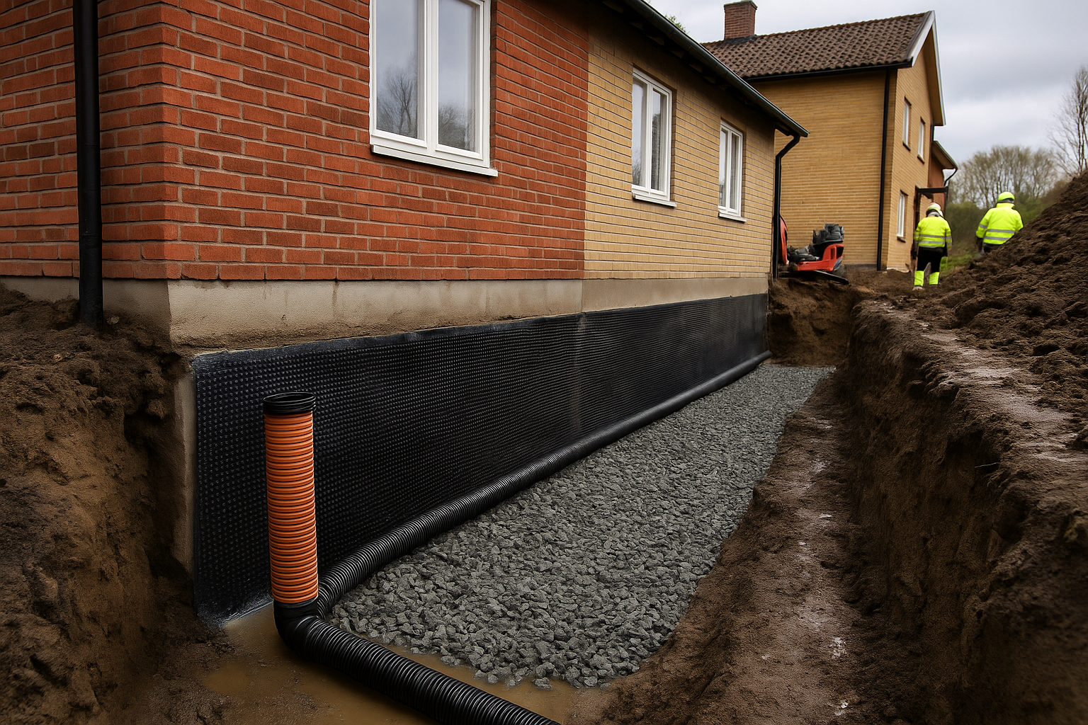 Färdigställd dränering runt ett bostadshus